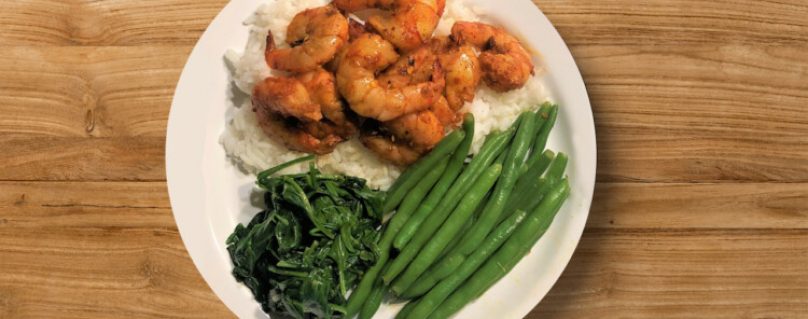 Spicy Jumbo Shrimp with Jasmine Rice Green Beans and Spinach